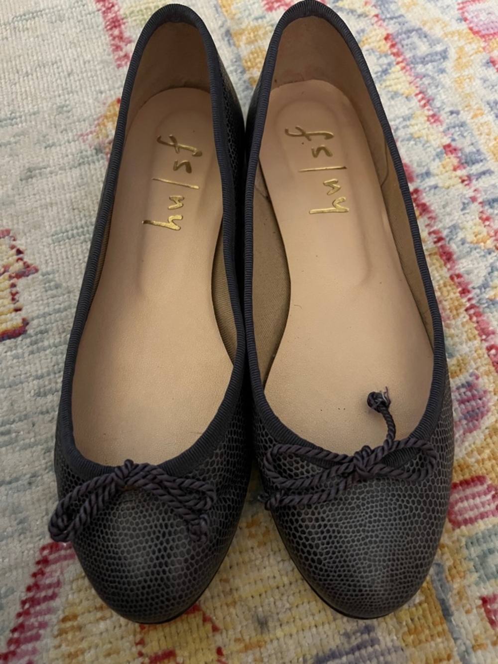 French Sole Navy Textured Rope-Bow Ballet Flats